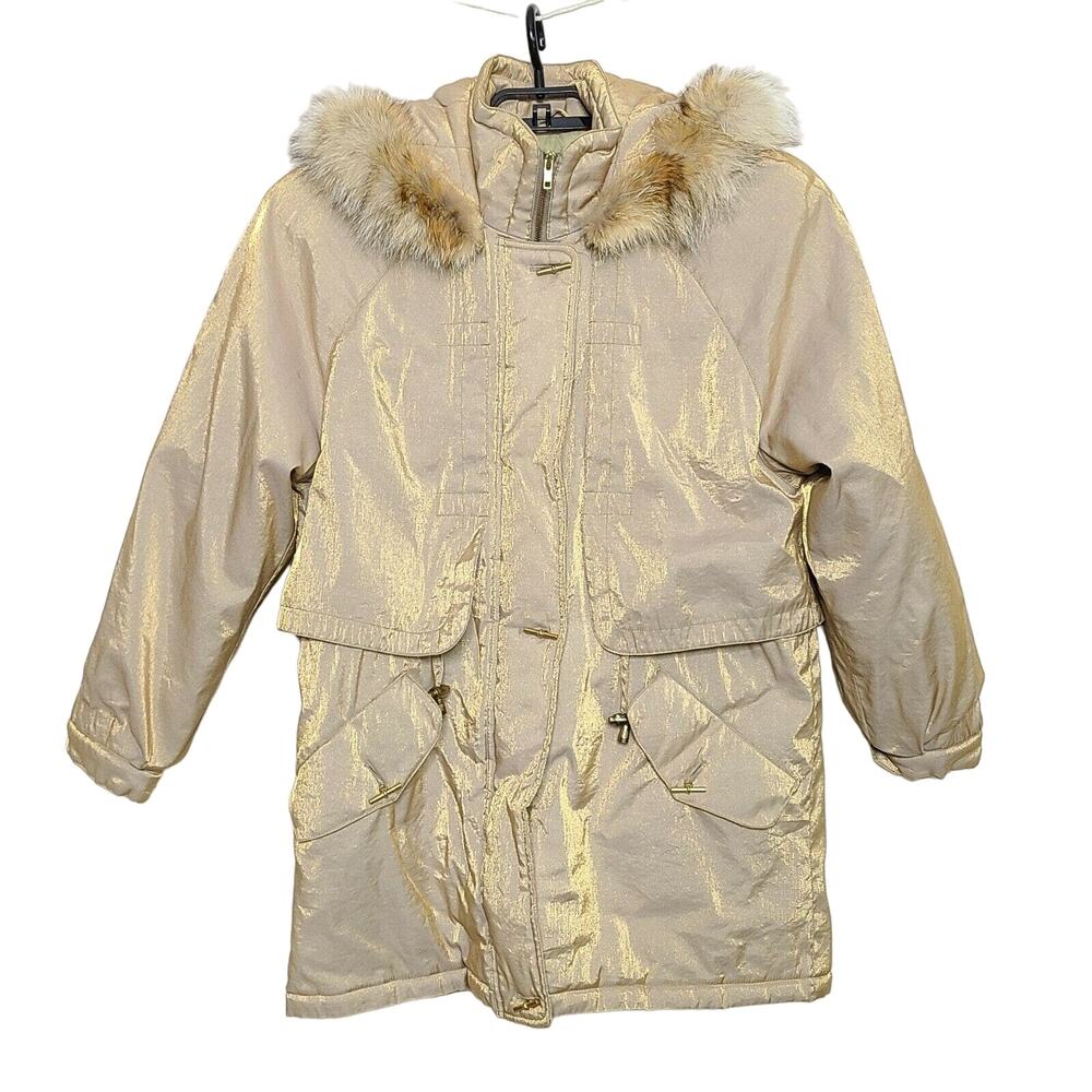 J. Gallery Park Coat SZ Medium Gold Shimmer Red Fox Fur Trim Overcoat Hood